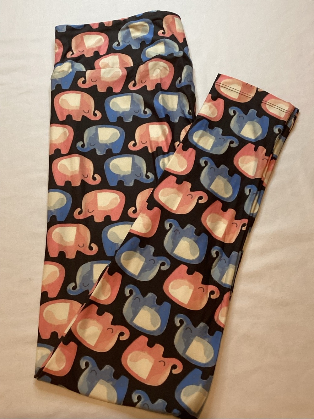 LuLaRoe Black Leggings with Pink, Blue & Cream Elephant Print